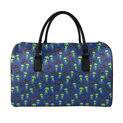 Cute Green Alien UFO Print Leather Duffle Bag