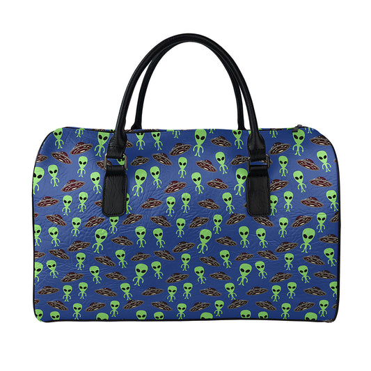 Cute Green Alien UFO Print Leather Duffle Bag