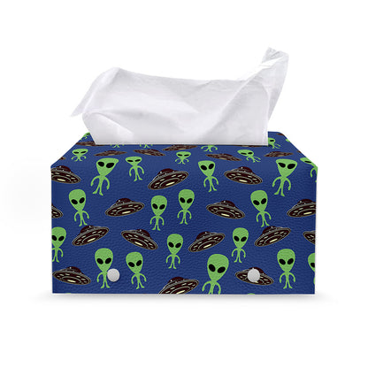 Cute Green Alien UFO Print Leather Tissue Box Cover