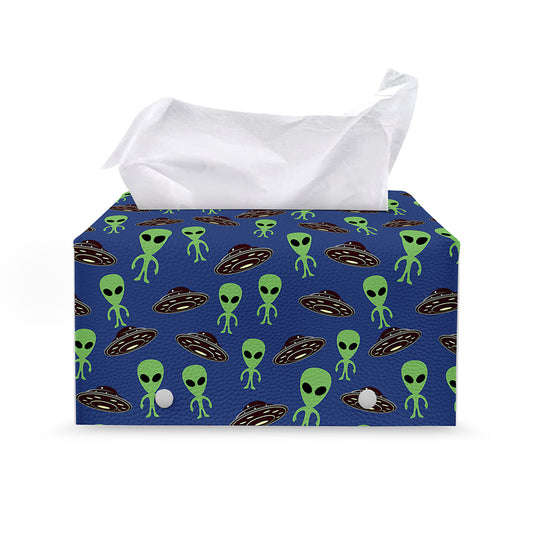 Cute Green Alien UFO Print Leather Tissue Box Cover