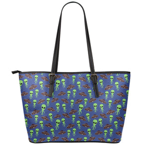 Cute Green Alien UFO Print Leather Tote Bag