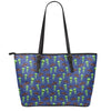 Cute Green Alien UFO Print Leather Tote Bag