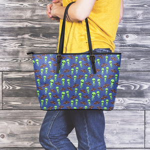 Cute Green Alien UFO Print Leather Tote Bag