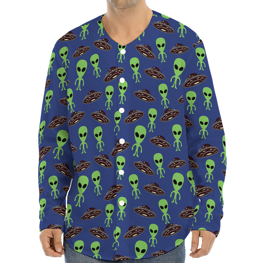 Cute Green Alien UFO Print Long Sleeve Baseball Jersey