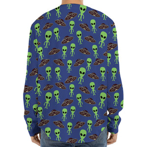 Cute Green Alien UFO Print Long Sleeve Baseball Jersey