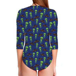 Cute Green Alien UFO Print Long Sleeve Swimsuit