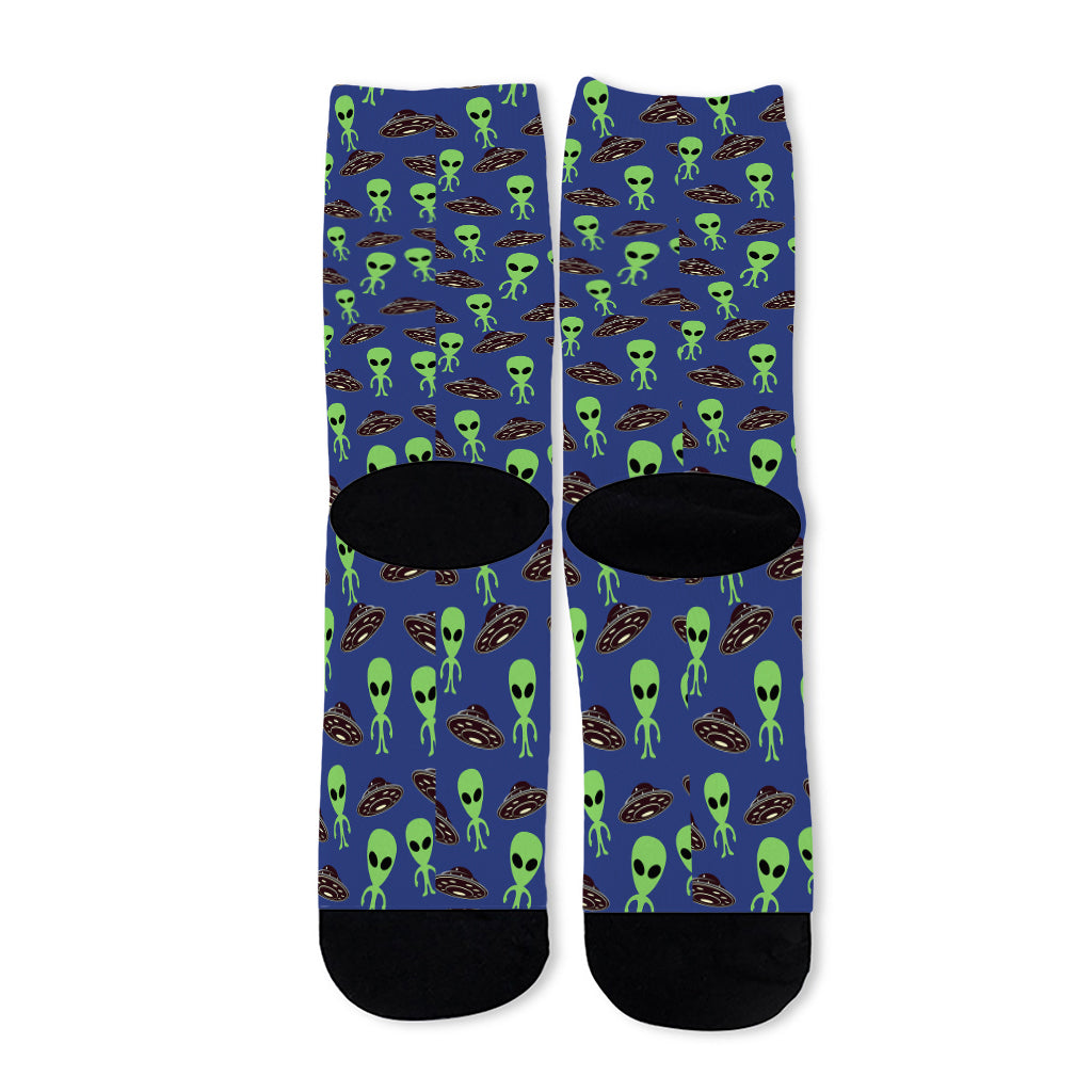 Cute Green Alien UFO Print Long Socks