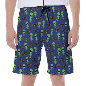 Cute Green Alien UFO Print Men's Beach Shorts