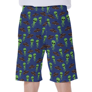 Cute Green Alien UFO Print Men's Beach Shorts