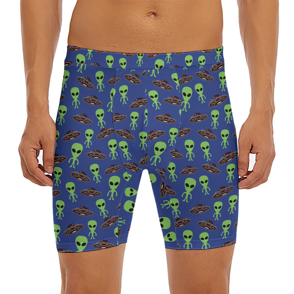 Cute Green Alien UFO Print Men's Long Boxer Briefs