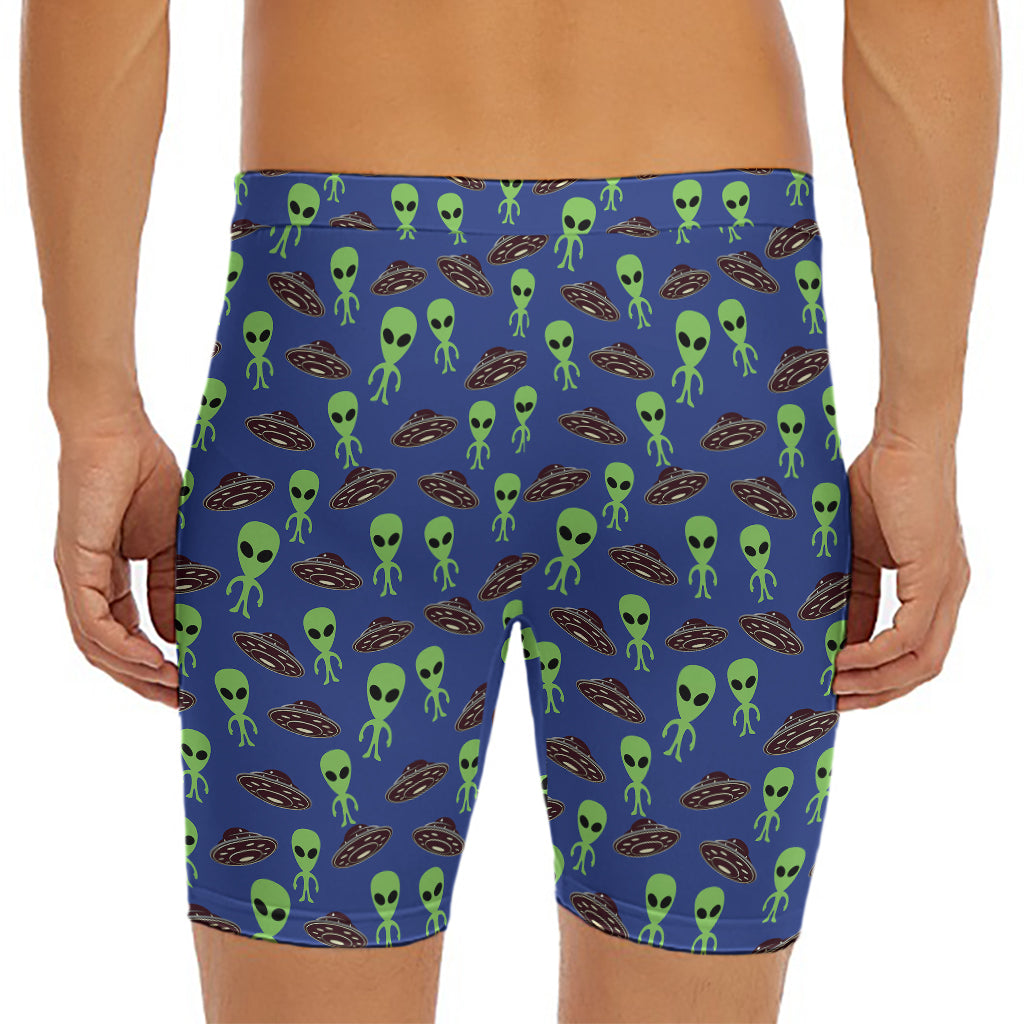 Cute Green Alien UFO Print Men's Long Boxer Briefs