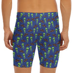 Cute Green Alien UFO Print Men's Long Boxer Briefs