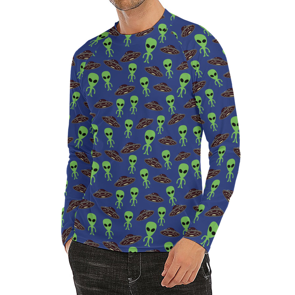 Cute Green Alien UFO Print Men's Long Sleeve Rash Guard