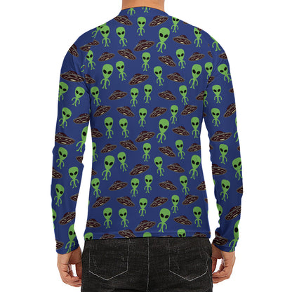 Cute Green Alien UFO Print Men's Long Sleeve Rash Guard