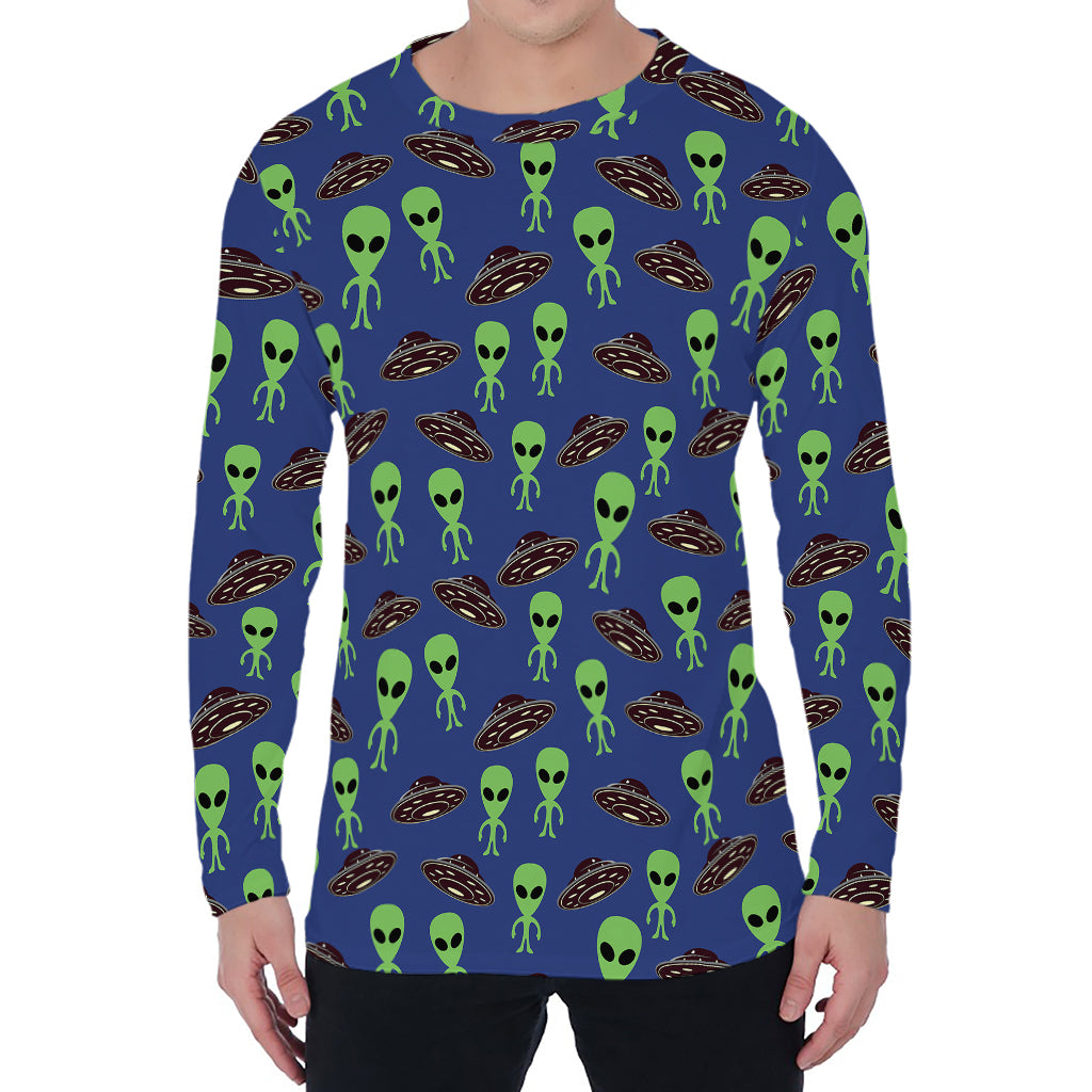 Cute Green Alien UFO Print Men's Long Sleeve T-Shirt