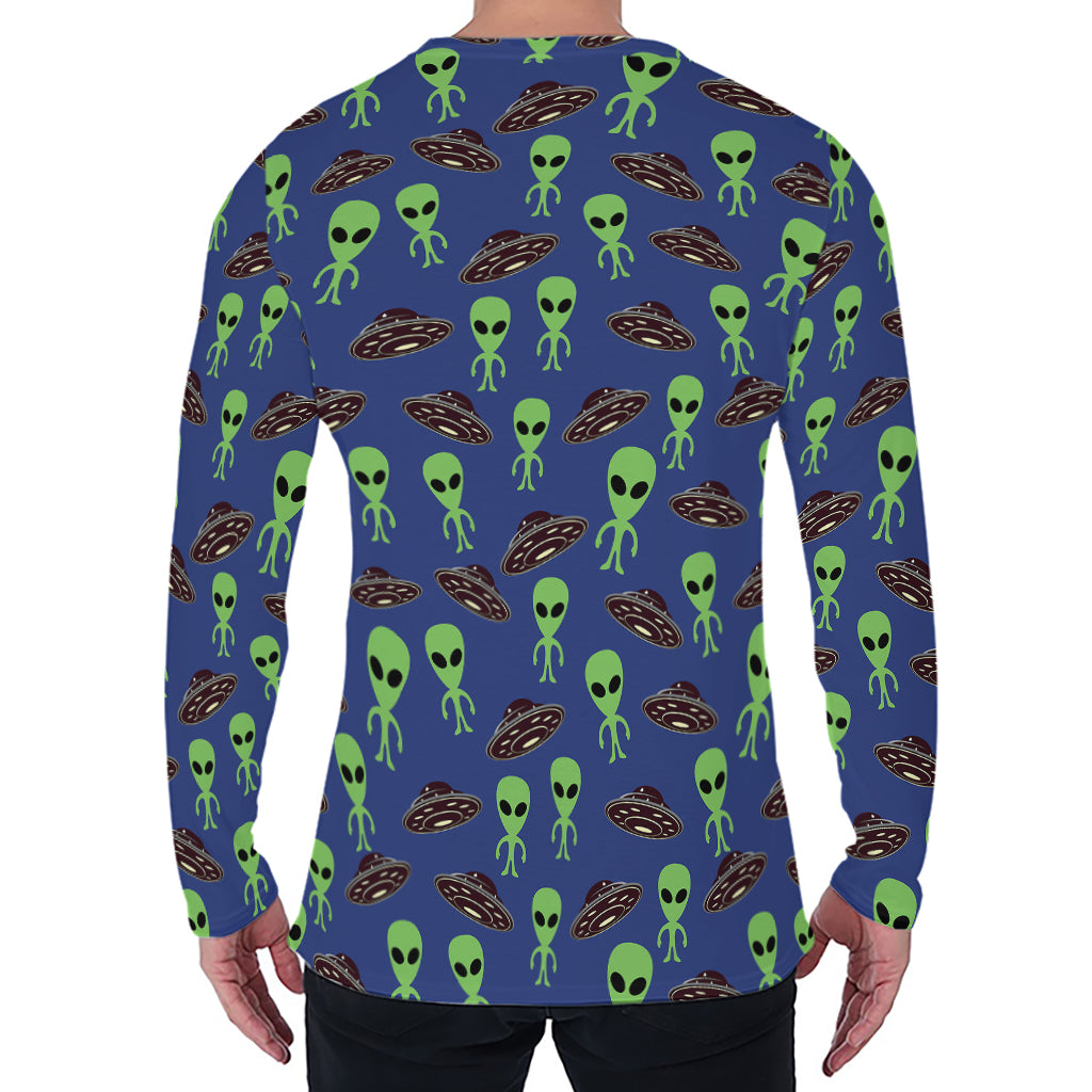 Cute Green Alien UFO Print Men's Long Sleeve T-Shirt