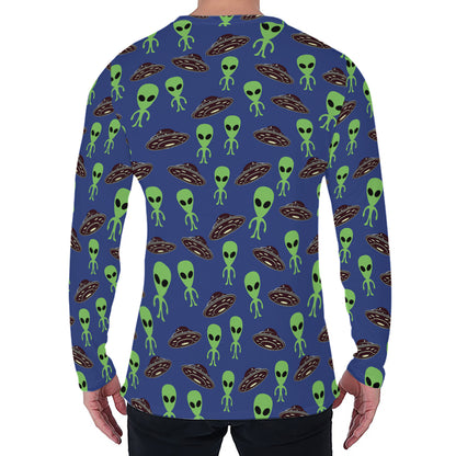Cute Green Alien UFO Print Men's Long Sleeve T-Shirt