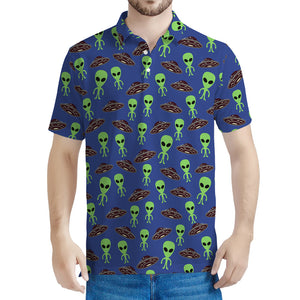 Cute Green Alien UFO Print Men's Polo Shirt