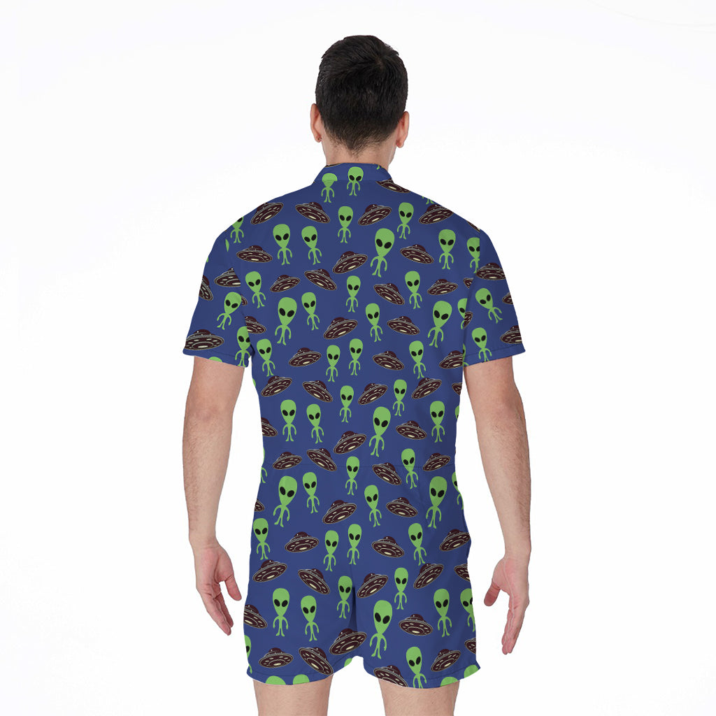 Cute Green Alien UFO Print Men's Rompers