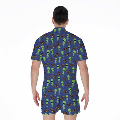 Cute Green Alien UFO Print Men's Rompers