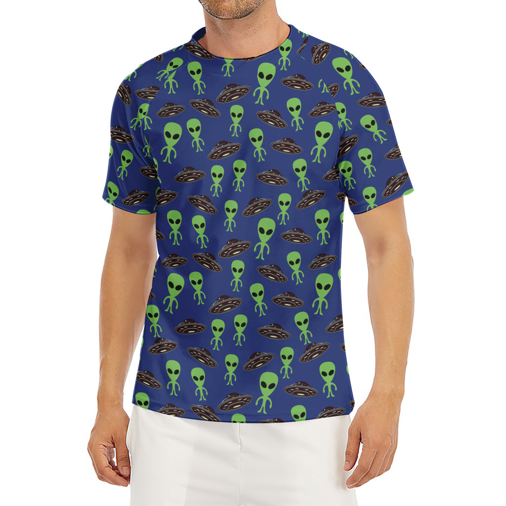 Cute Green Alien UFO Print Men's Short Sleeve Rash Guard