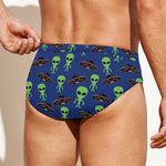 Cute Green Alien UFO Print Men's Swim Briefs