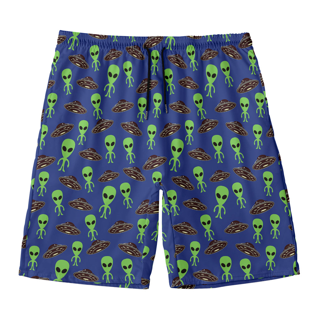 Cute Green Alien UFO Print Men's Swim Trunks