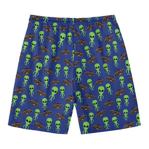 Cute Green Alien UFO Print Men's Swim Trunks