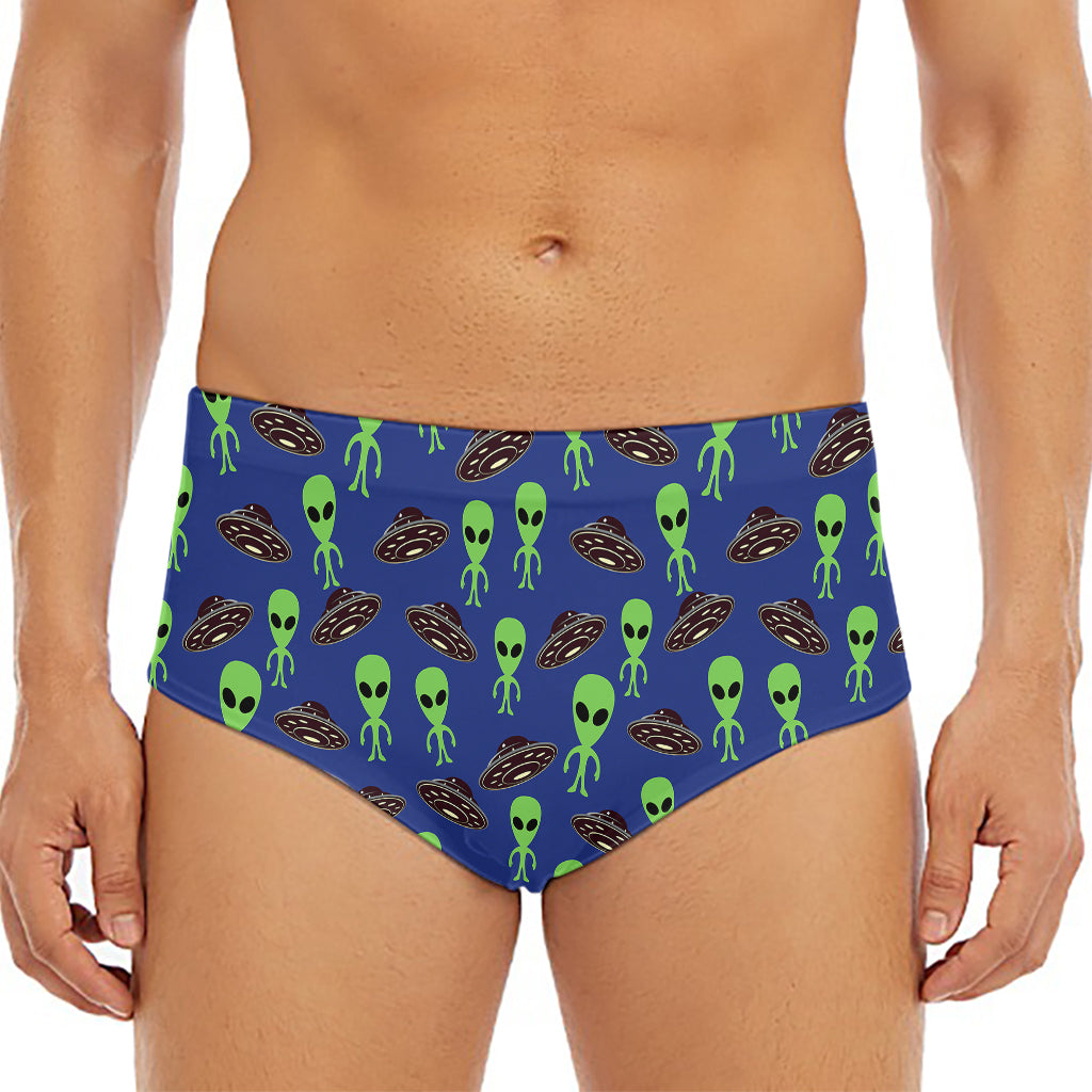 Cute Green Alien UFO Print Men's Triangle Swim Briefs