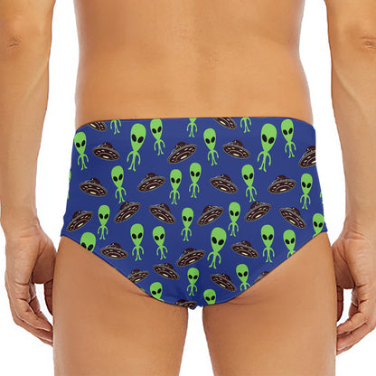 Cute Green Alien UFO Print Men's Triangle Swim Briefs