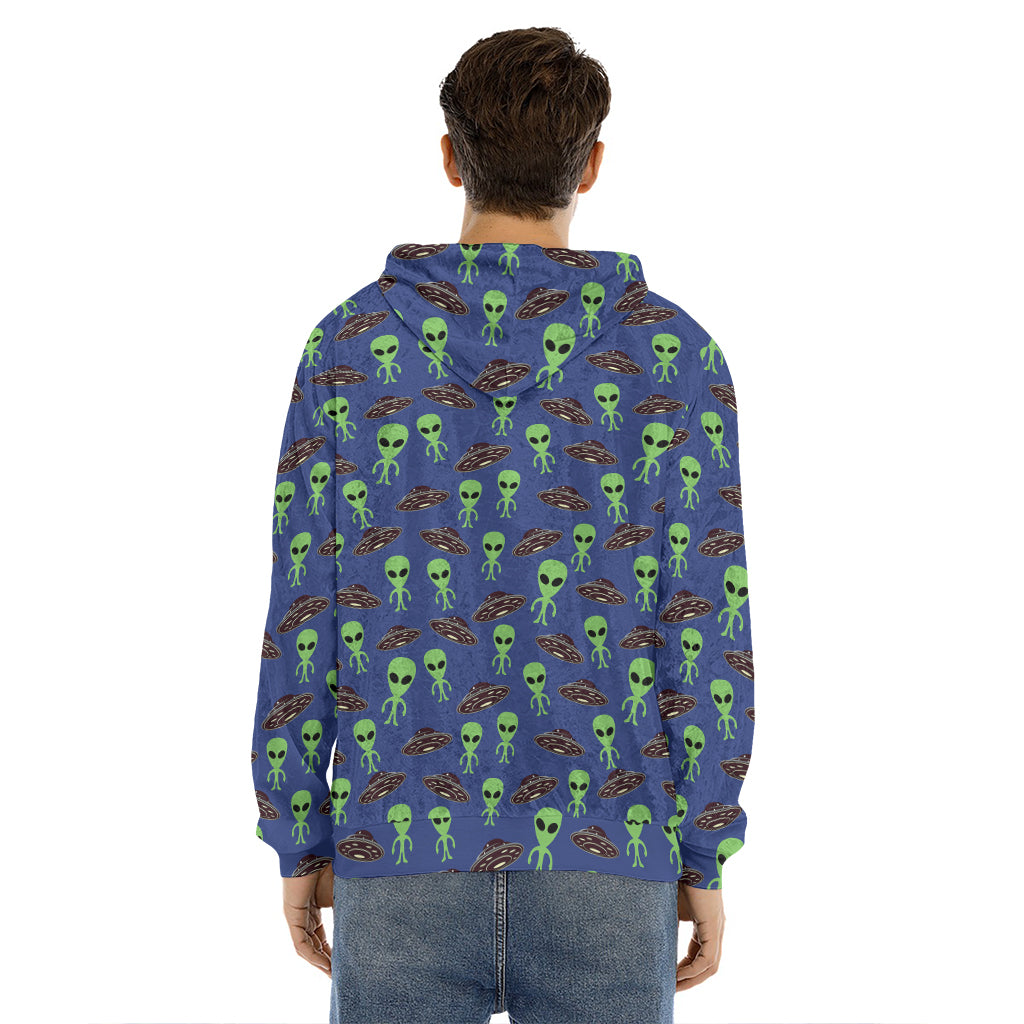Cute Green Alien UFO Print Men's Velvet Pullover Hoodie
