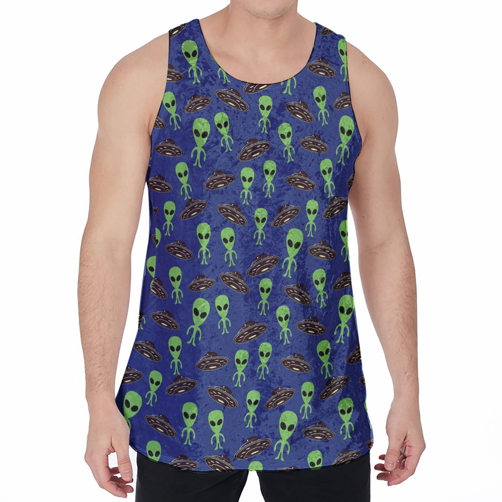 Cute Green Alien UFO Print Men's Velvet Tank Top