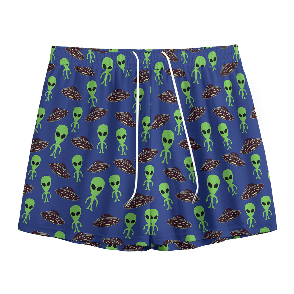 Cute Green Alien UFO Print Mesh Shorts