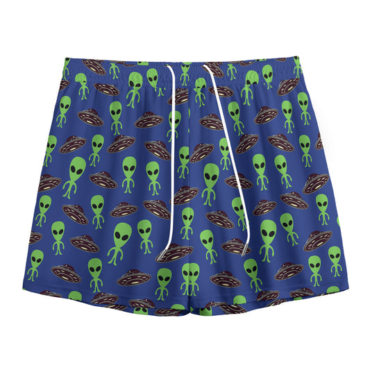Cute Green Alien UFO Print Mesh Shorts