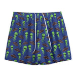 Cute Green Alien UFO Print Mesh Shorts