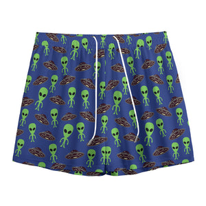 Cute Green Alien UFO Print Mesh Shorts