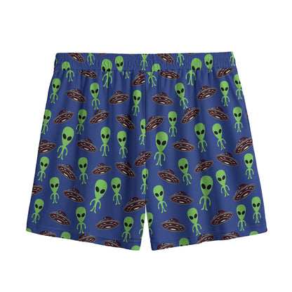 Cute Green Alien UFO Print Mesh Shorts