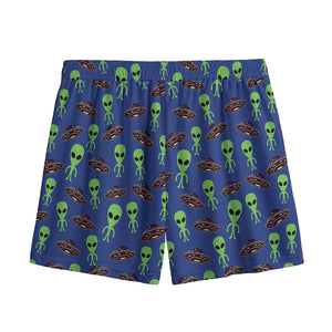 Cute Green Alien UFO Print Mesh Shorts