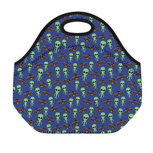 Cute Green Alien UFO Print Neoprene Lunch Bag