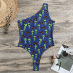 Cute Green Alien UFO Print One Shoulder Bodysuit