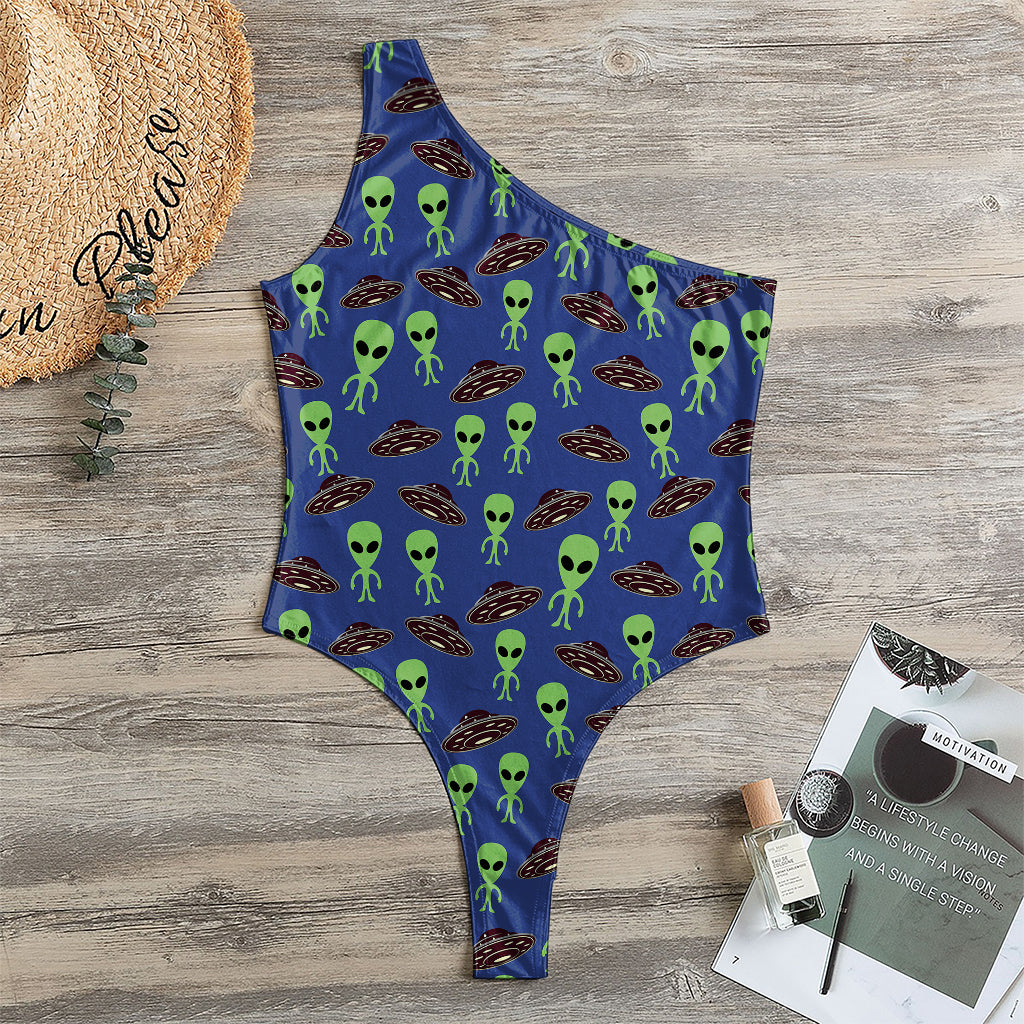 Cute Green Alien UFO Print One Shoulder Bodysuit