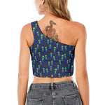 Cute Green Alien UFO Print One Shoulder Crop Top