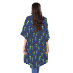 Cute Green Alien UFO Print Open Front Beach Cover Up