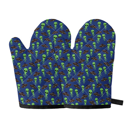 Cute Green Alien UFO Print Oven Mitts