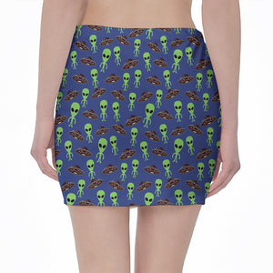 Cute Green Alien UFO Print Pencil Mini Skirt