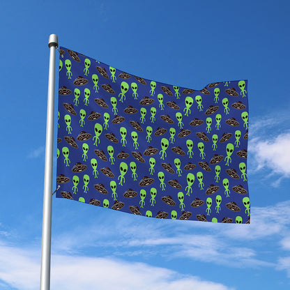 Cute Green Alien UFO Print Polyester Flag