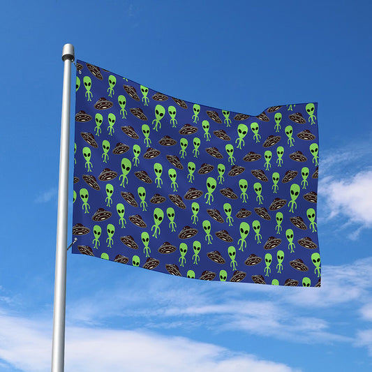 Cute Green Alien UFO Print Polyester Flag