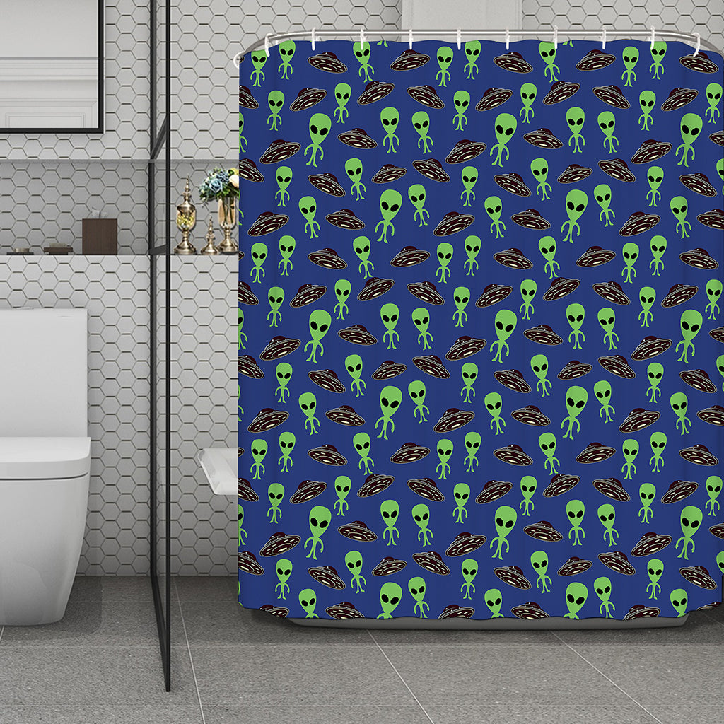 Cute Green Alien UFO Print Polyester Shower Curtain