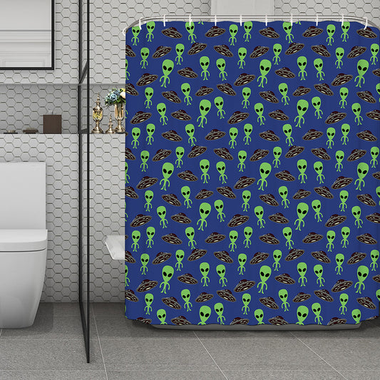 Cute Green Alien UFO Print Polyester Shower Curtain