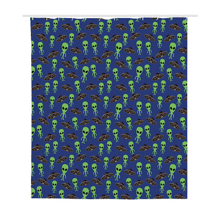 Cute Green Alien UFO Print Polyester Shower Curtain